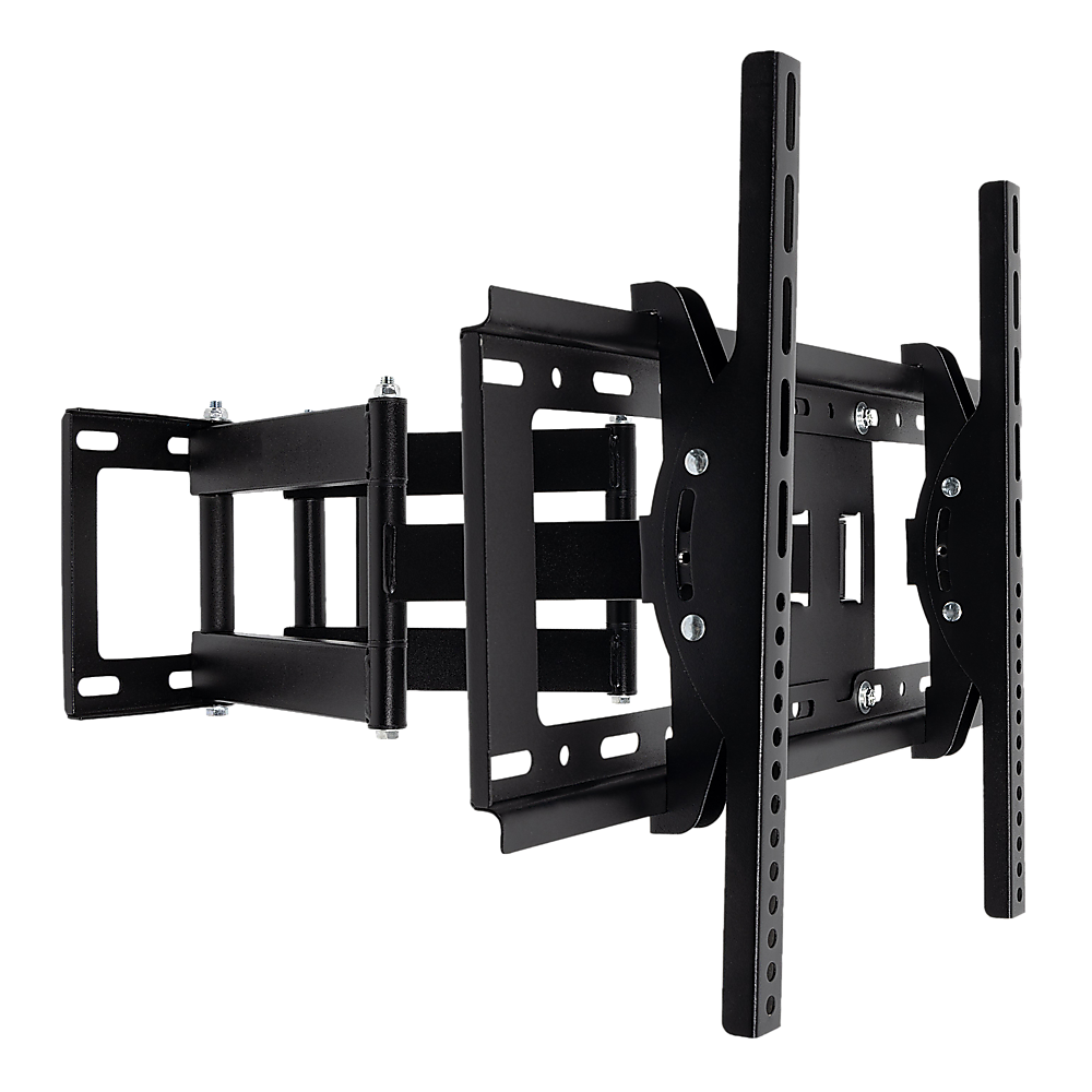 Black large full-motion TV wall bracket angle on dark background arms extended rectangular wall plate cutouts