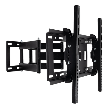 Black large full-motion TV wall bracket angle on dark background arms extended rectangular wall plate cutouts