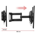 Full-motion TV wall bracket side view extension range diagram 110mm retracted to 505mm extended on white