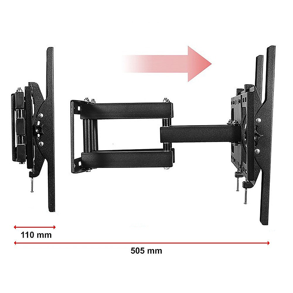 Full-motion TV wall bracket side view extension range diagram 110mm retracted to 505mm extended on white