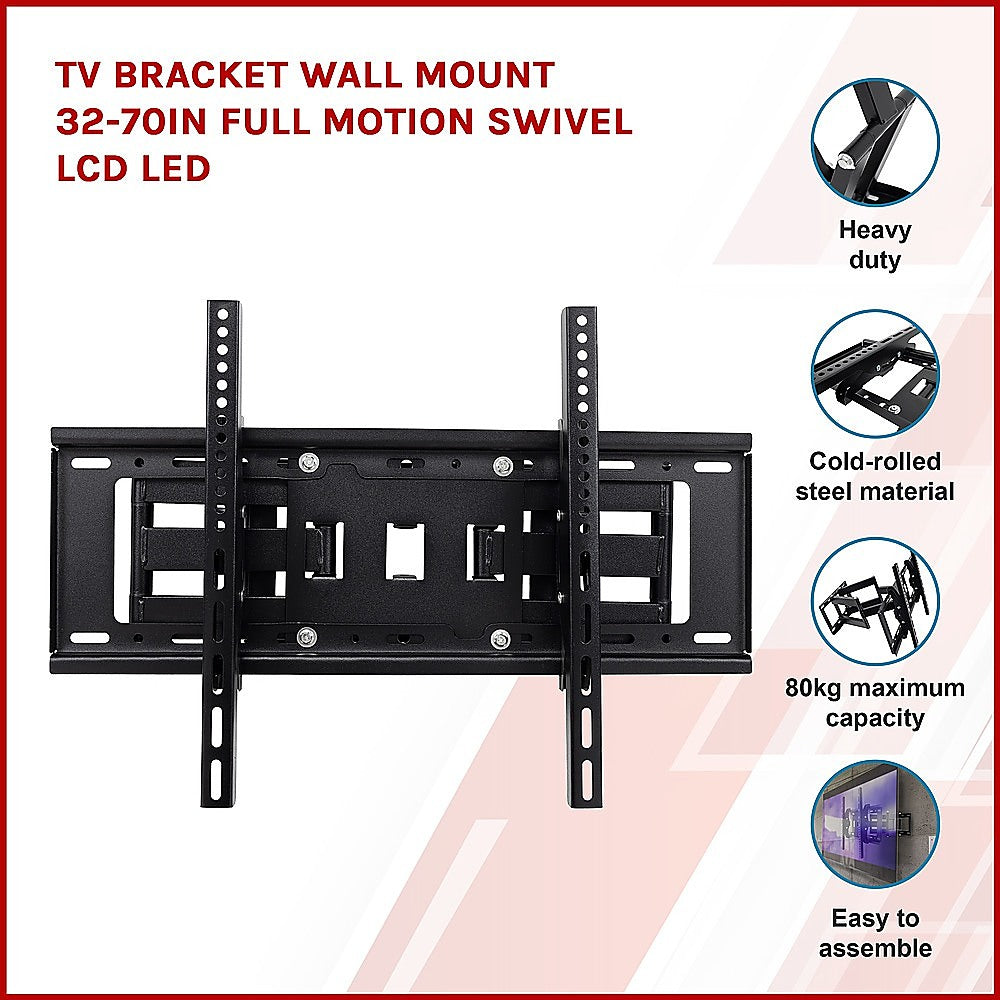 Full-motion TV wall bracket 32-70 inch front view infographic heavy duty cold rolled steel 80kg capacity callout bubbles