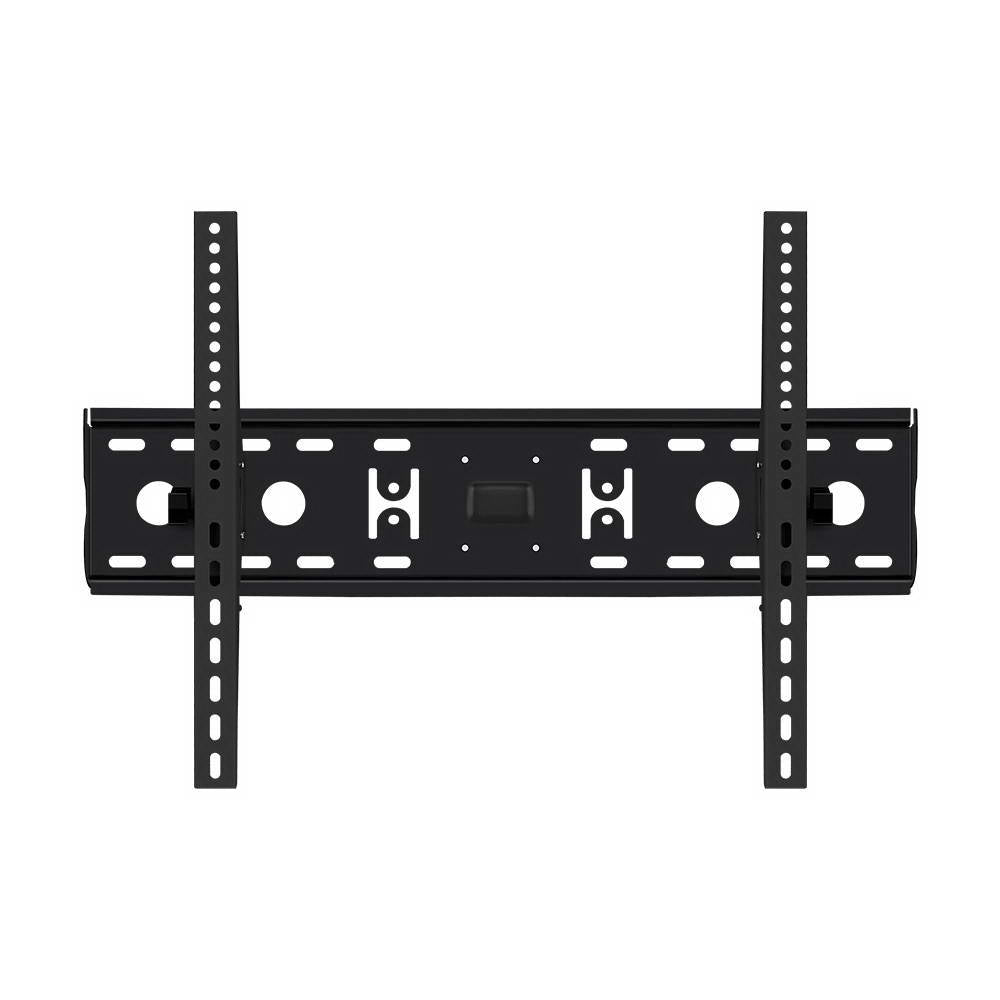 Black full-motion TV wall bracket flat front view on white two round VESA holes each side center cutout and vertical rails