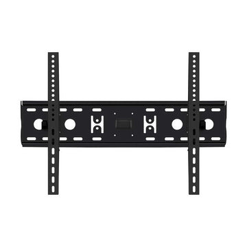 Black full-motion TV wall bracket flat front view on white two round VESA holes each side center cutout and vertical rails