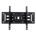 Black full-motion TV wall bracket front view on dark background with arms folded and two vertical mounting rails