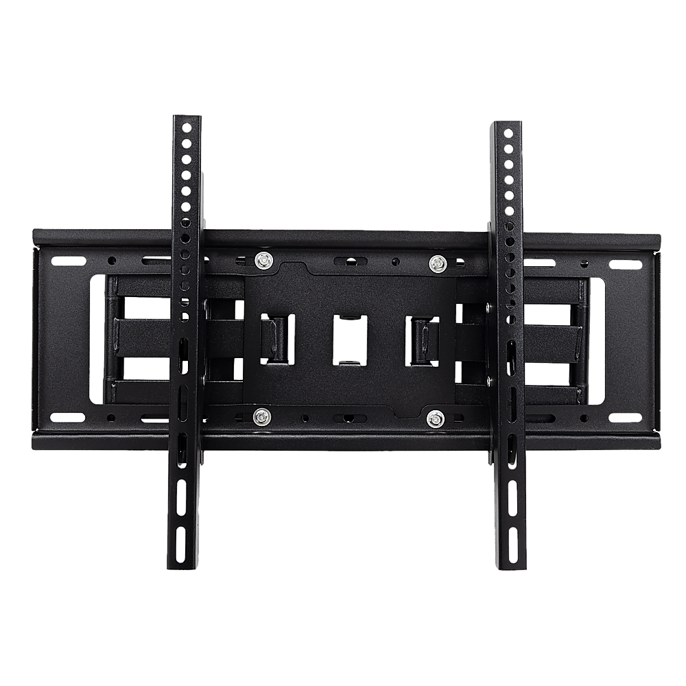 Black full-motion TV wall bracket front view on dark background with arms folded and two vertical mounting rails