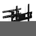 Black full-motion TV wall bracket angle view on grey wall with extended parallel arms and butterfly TV mounting plate visible