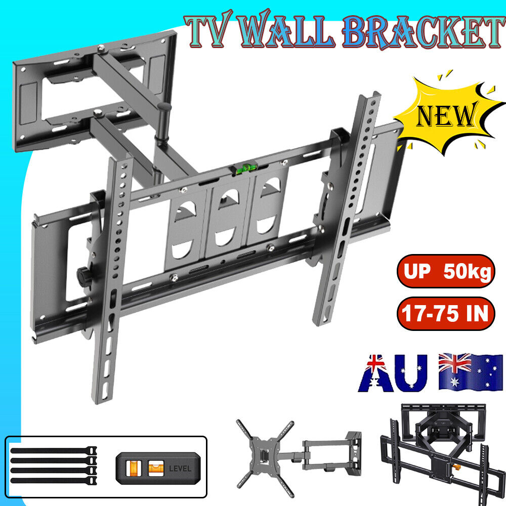 Dark grey full-motion articulating TV wall bracket 17-75 inch 50kg capacity with AU flag New badge cable ties and level