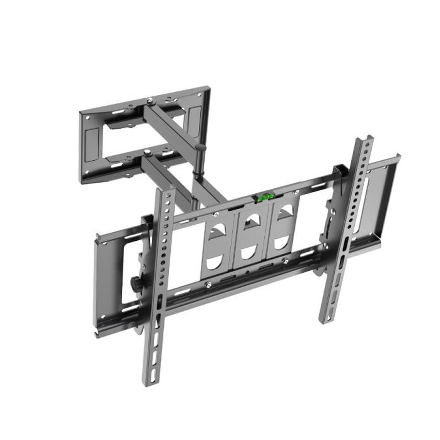 Dark grey full-motion articulating TV wall bracket angle view on white showing double arm mechanism and bubble level