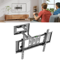 Full-motion TV wall bracket with lifestyle two people watching wall-mounted TV scene and bracket product image below