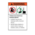 Furniture tipover warning label children tipover hazard wall anchor diagram permanent label do not remove