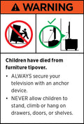Furniture tipover warning label children tipover hazard wall anchor diagram permanent label do not remove
