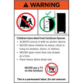 Furniture tipover warning label: anchor required, keep children off shelves, open one drawer at a time, no TV on furniture