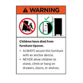 Furniture tipover warning label: always secure with anchor device, never allow children to climb shelves or drawers