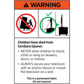 Furniture tipover warning label with icons and text: Never allow children to climb shelves, always anchor TV to wall