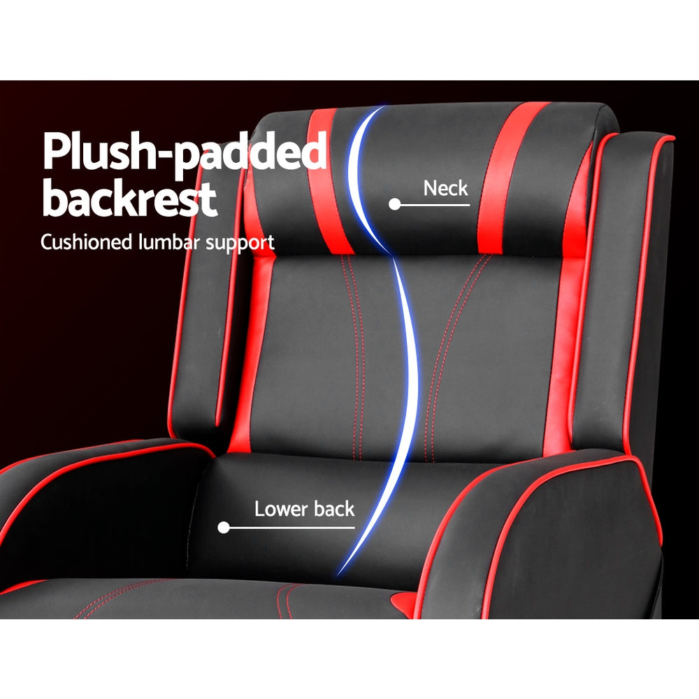 Black and red gaming recliner back close-up showing plush-padded backrest with neck and lower back cushioned lumbar callouts