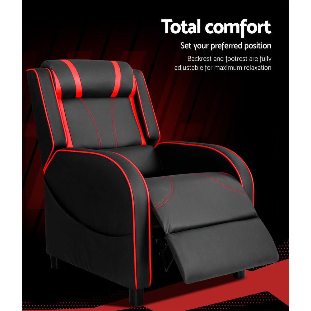 Black and red gaming recliner footrest fully extended with total comfort infographic on dark dramatic background