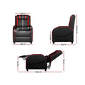 Black and red gaming recliner dimensions: 66cm wide 104.5cm tall, 160cm reclined length, 50cm seat width 49cm seat height