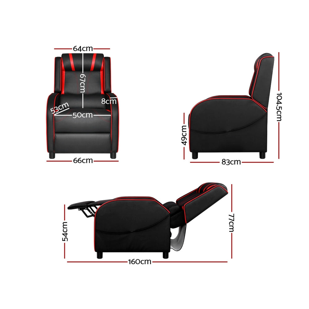 Black and red gaming recliner dimensions: 66cm wide 104.5cm tall, 160cm reclined length, 50cm seat width 49cm seat height