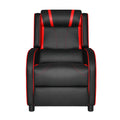 Black gaming recliner with red piping and neck roll headrest, front view on white background with footrest retracted