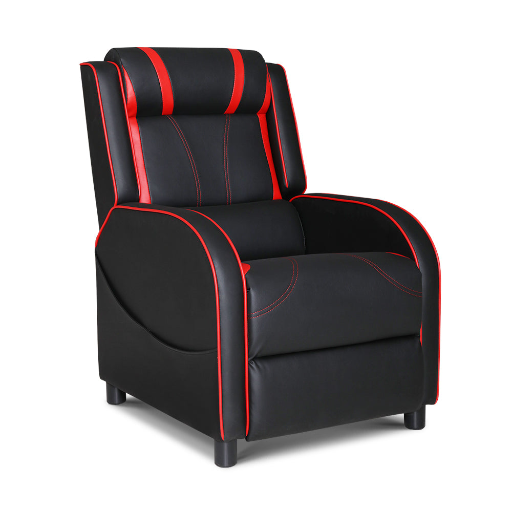 Black and red gaming recliner with padded neck roll headrest and three-stripe back design, front view on white background