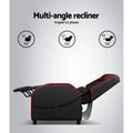 Black and red gaming recliner multi-angle infographic showing 110-degree, 125-degree and 135-degree recline positions