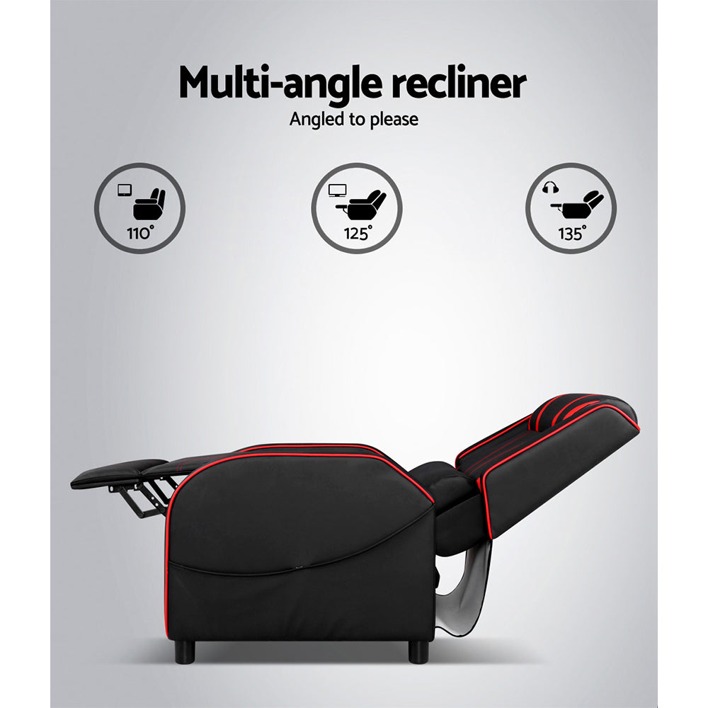 Black and red gaming recliner multi-angle infographic showing 110-degree, 125-degree and 135-degree recline positions