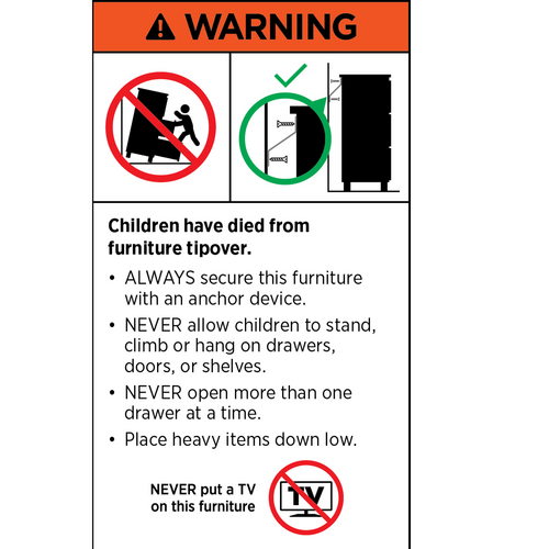 Furniture tipover safety warning label with anchor instructions tipover danger diagram and no-TV symbol