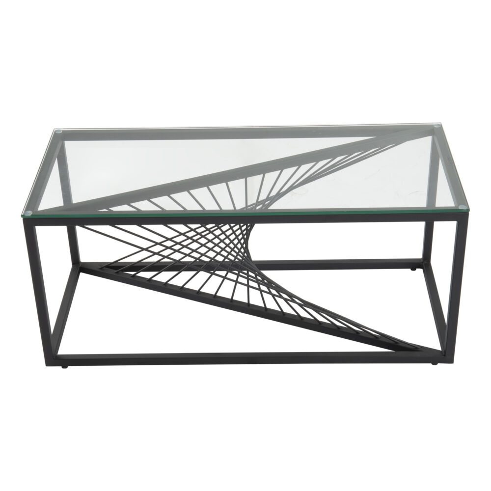 Rectangular clear glass-top coffee table with black metal starburst wire base on white background, three-quarter angle view
