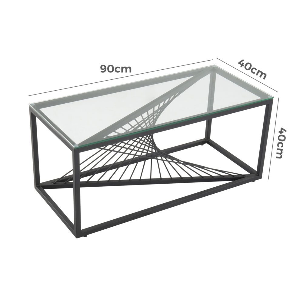 Rectangular clear glass-top coffee table with black metal starburst base: 90cm length, 40cm width and 40cm height annotations