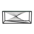 Rectangular clear glass-top coffee table with black powder-coated metal starburst wire base on white background, direct
