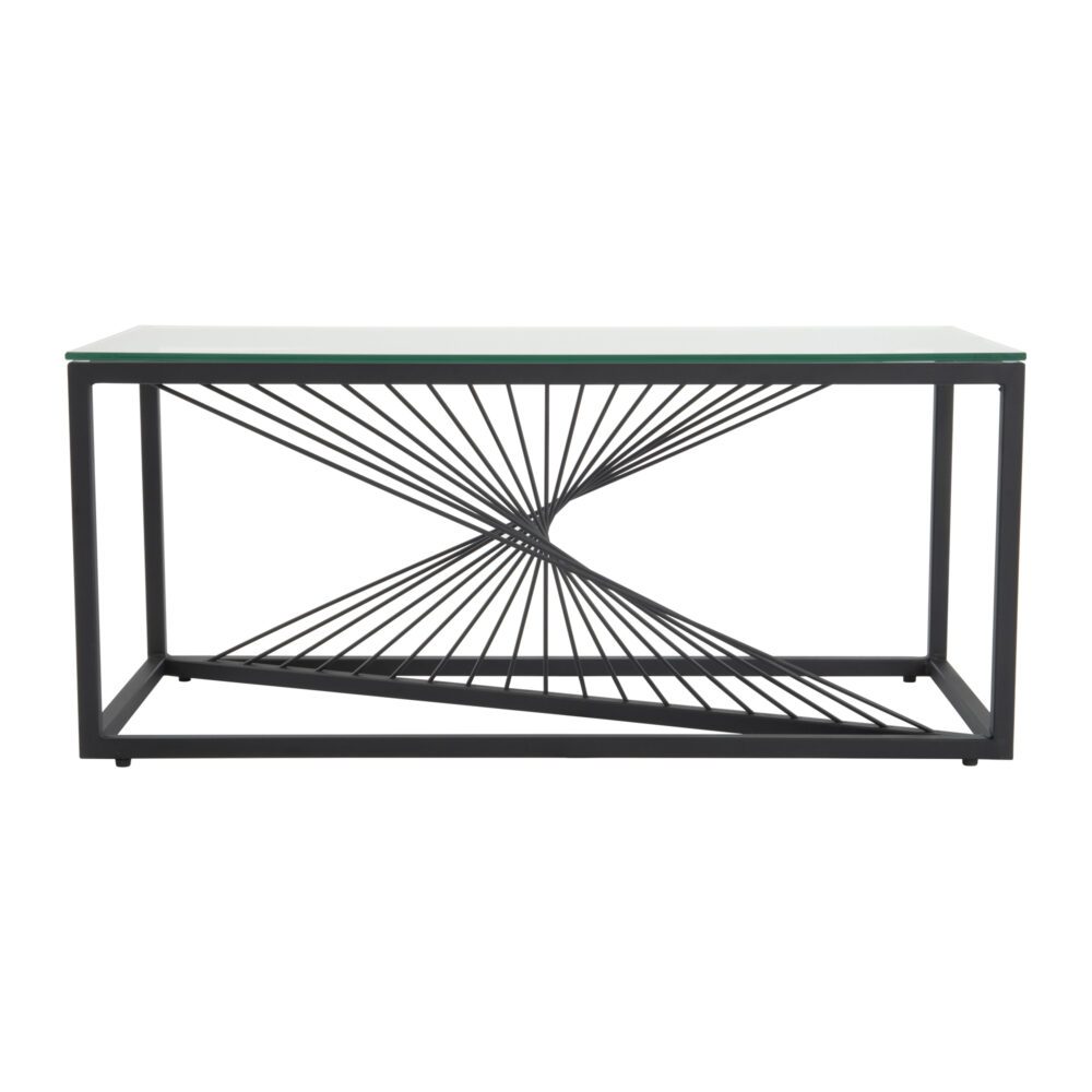 Rectangular clear glass-top coffee table with black powder-coated metal starburst wire base on white background, direct