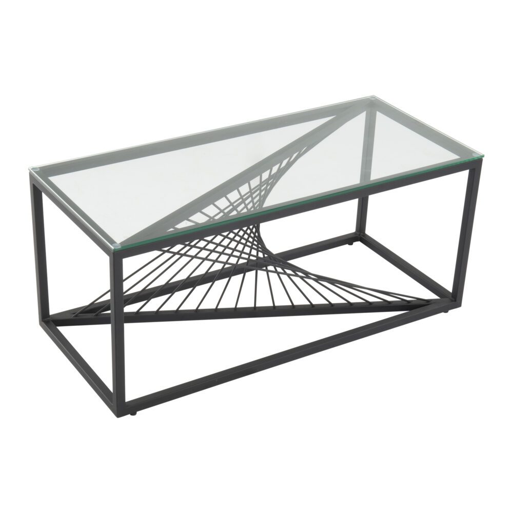 Rectangular clear glass-top coffee table with black metal starburst wire base on white background, side view showing base