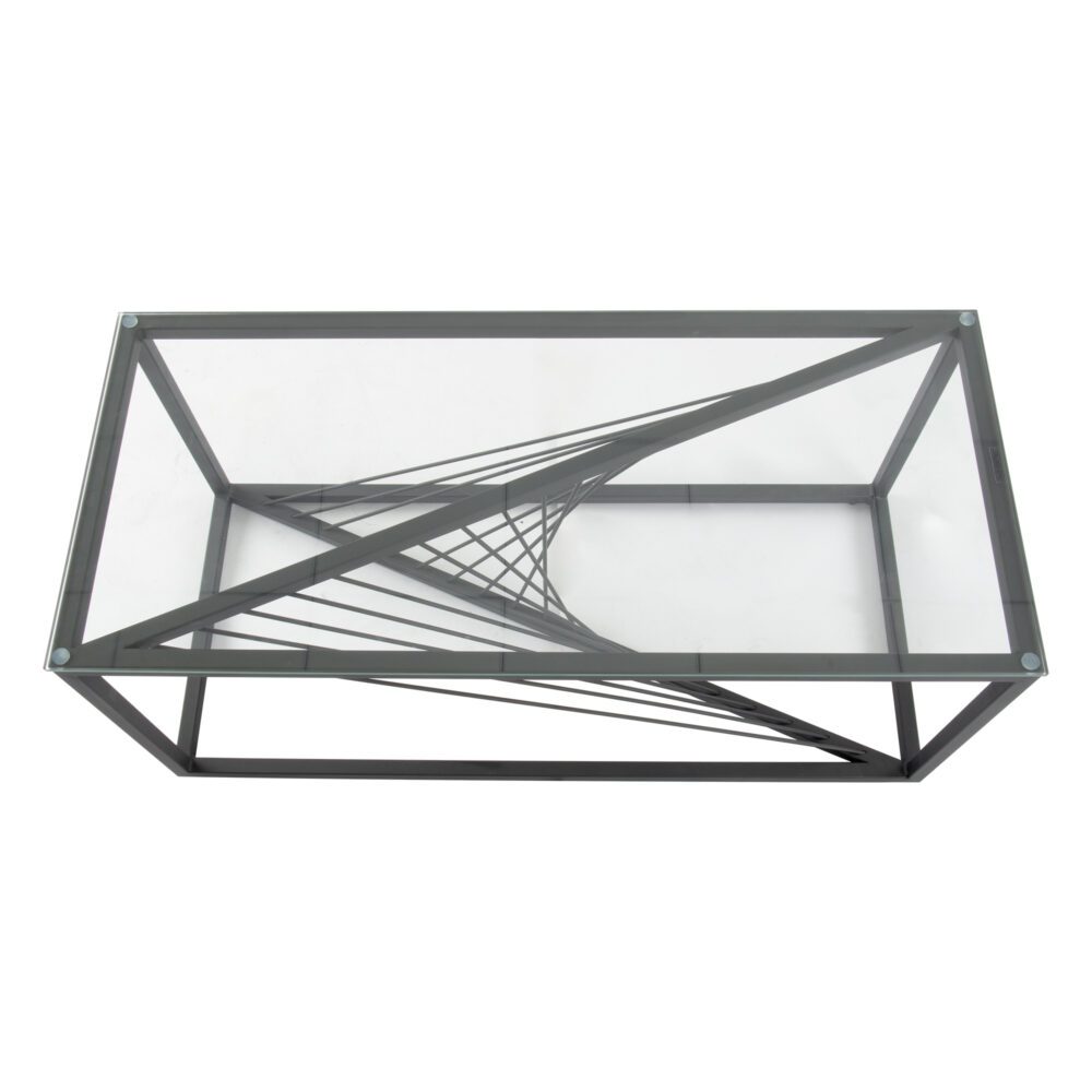 Top-down view of rectangular clear glass-top coffee table showing black metal starburst wire base pattern visible through