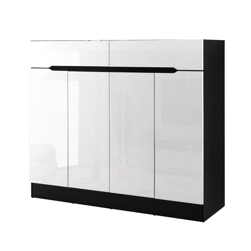 Black framed shoe cabinet with 4 high-gloss white doors and 2 top drawer pulls on white background