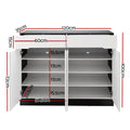 Shoe cabinet 4-door dimension diagram open showing 120cm width 35cm depth 100cm height and shelf spacings