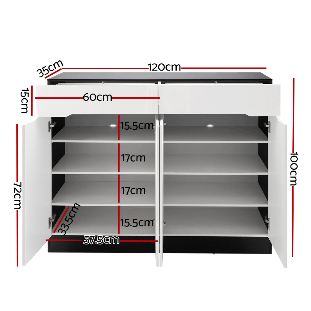 Shoe cabinet 4-door dimension diagram open showing 120cm width 35cm depth 100cm height and shelf spacings