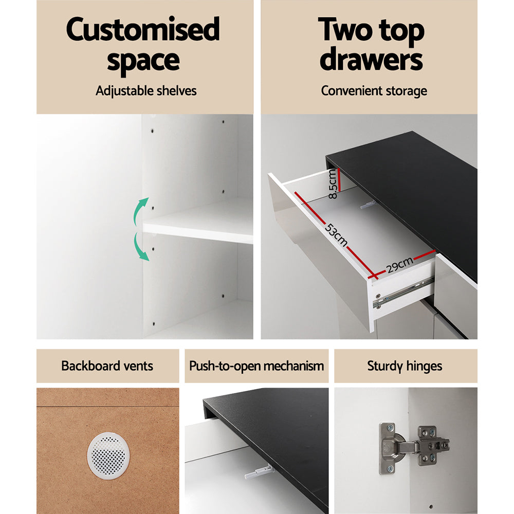 Shoe cabinet 4-panel feature detail showing adjustable shelves top drawer 53x29cm backboard vents and hinges