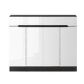 Black framed shoe cabinet 4 high-gloss white doors all closed and 2 top drawers front view on white bg