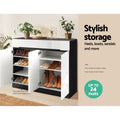 Shoe cabinet two sections open showing heels boots sandals on shelves with plants on top up to 24 pairs