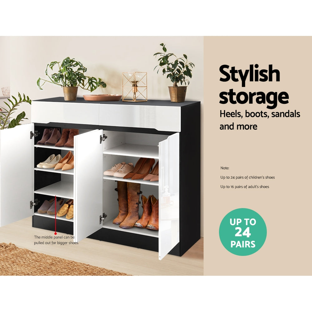 Shoe cabinet two sections open showing heels boots sandals on shelves with plants on top up to 24 pairs