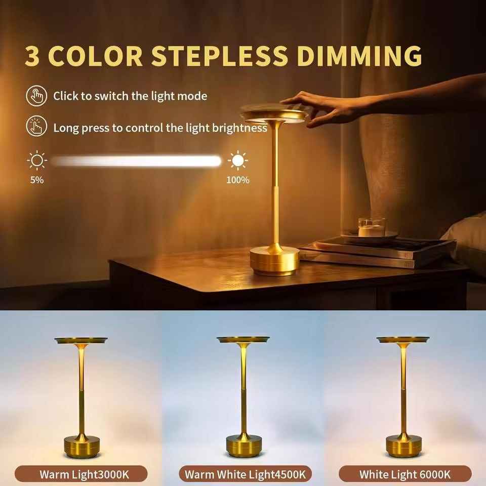 Gold disc-shade lamp 3-colour dimming: 5-100% brightness bar, touch to switch; 3 modes shown - 3000K, 4500K, 6000K