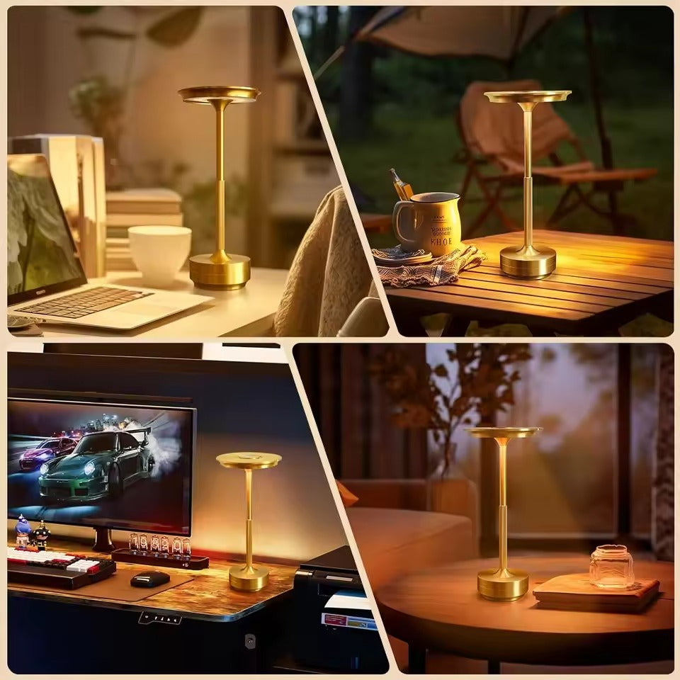 4-panel lifestyle: gold disc-shade lamp on desk with laptop, camping table, gaming desk with monitor, and side table