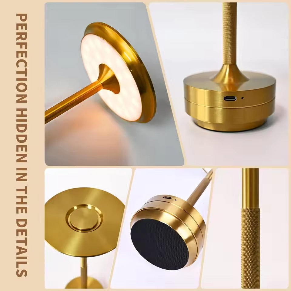 5 detail panels of gold disc-shade lamp: disc shade underside, USB-C base, touch button, speaker grille, knurled stem