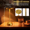 Gold disc-shade lamp dimensions: 5.1in disc, 7in height, 3.5in base, 1.5in high; touch button and stem detail insets