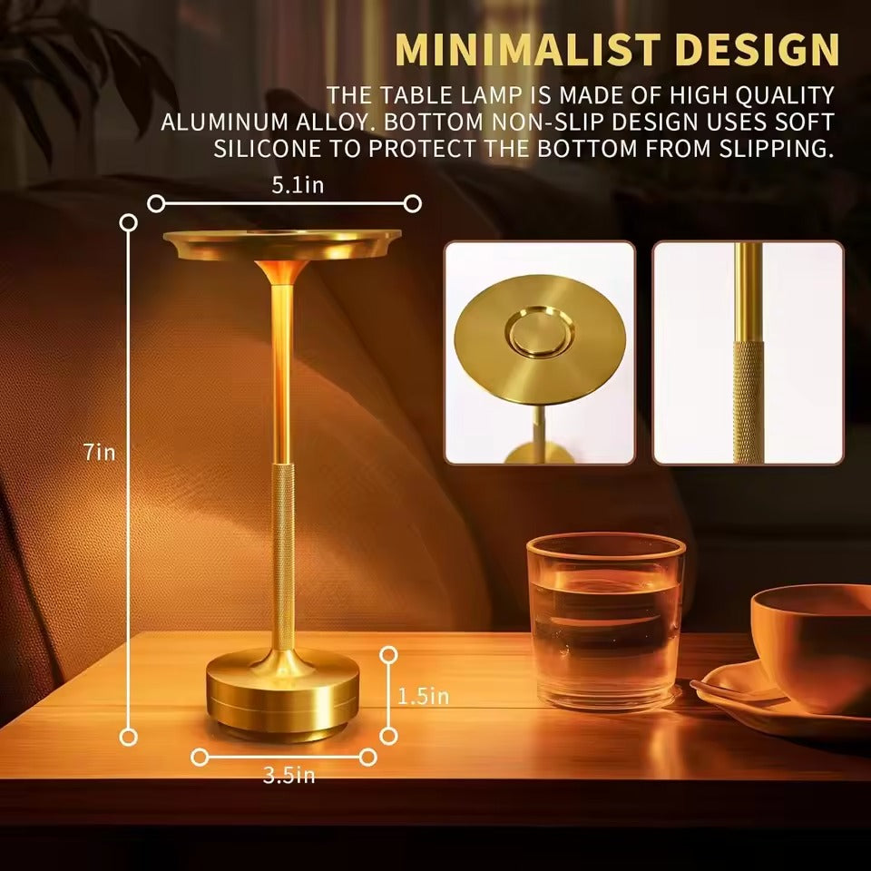 Gold disc-shade lamp dimensions: 5.1in disc, 7in height, 3.5in base, 1.5in high; touch button and stem detail insets