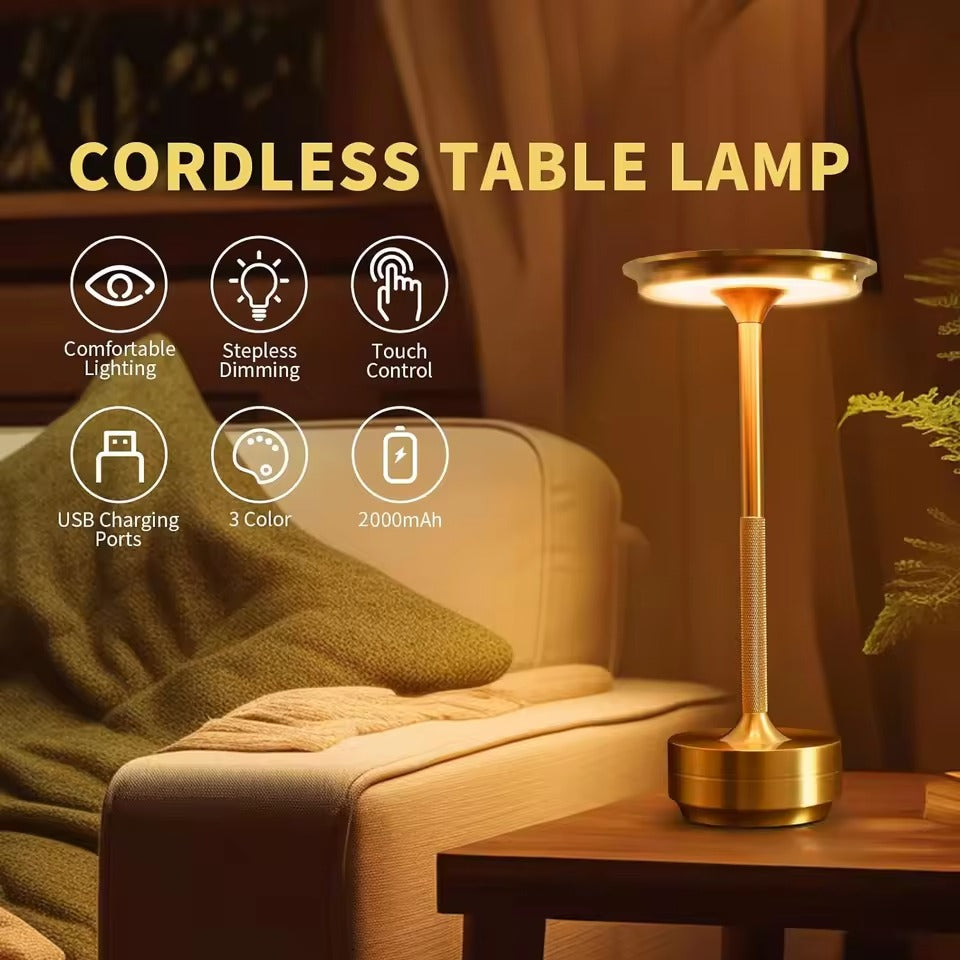 Gold disc-shade lamp on side table; features: Stepless Dimming, Touch Control, USB Charging Ports, 3 Color, 2000mAh
