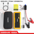 GOOLOO GP4000 Pro jump starter flat-lay with carry case, jumper cables, USB cable and user manual; 26800mAh 4000A
