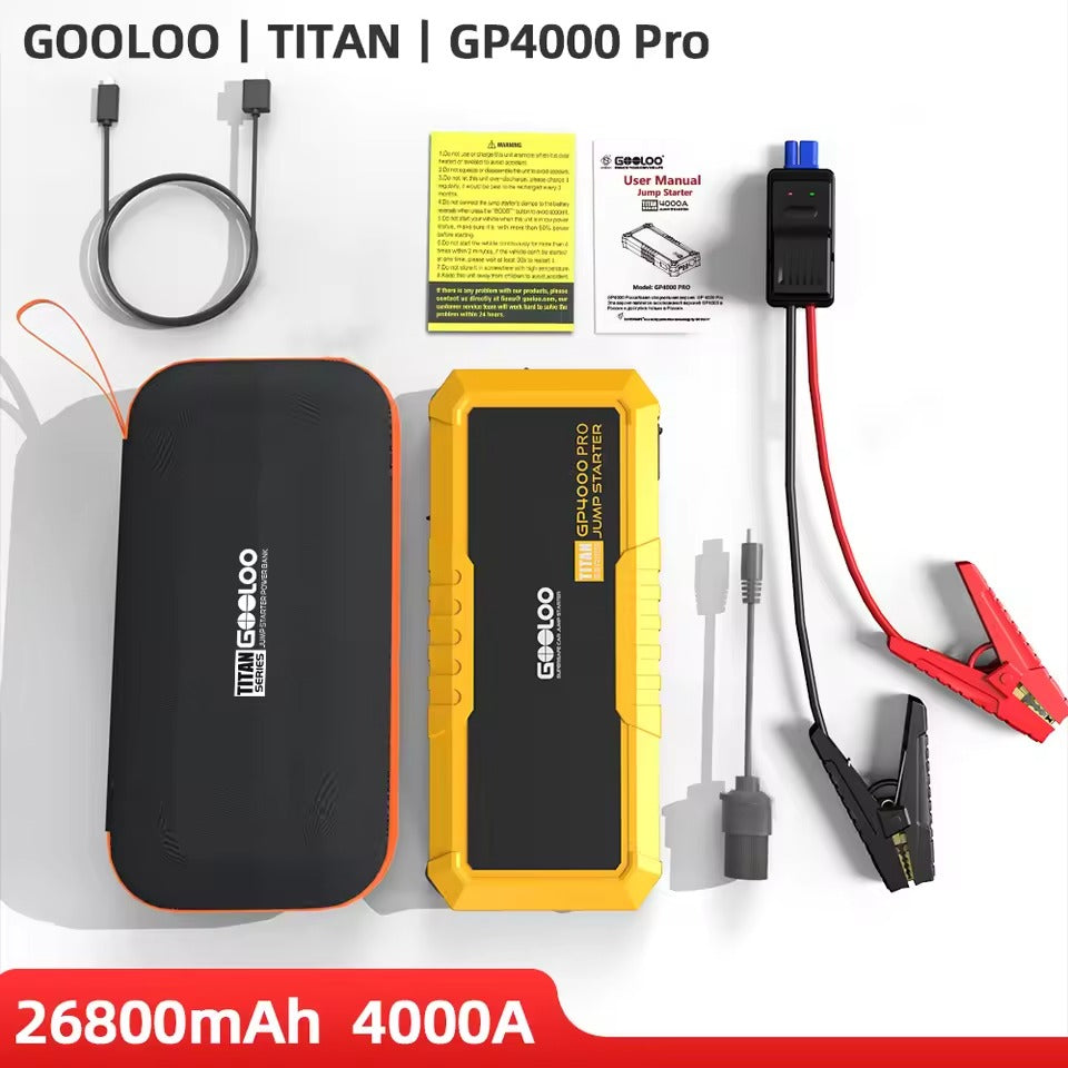 GOOLOO GP4000 Pro jump starter flat-lay with carry case, jumper cables, USB cable and user manual; 26800mAh 4000A