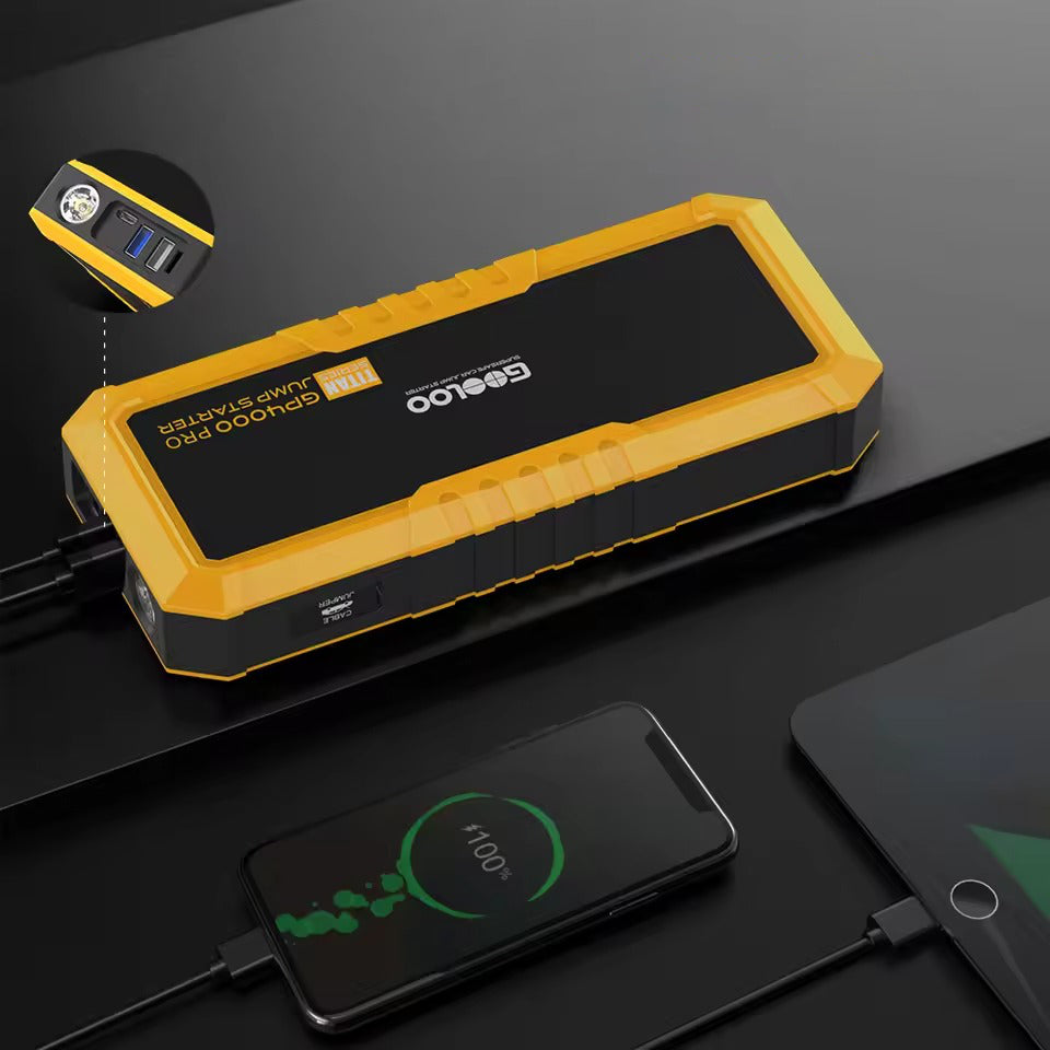 GOOLOO GP4000 Pro Titan jump starter charging a phone via USB on dark surface; inset showing USB and Type-C ports