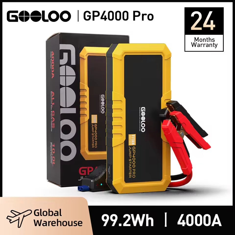 GOOLOO GP4000 Pro jump starter with box and jumper cables; 99.2Wh 4000A, 24 Months Warranty, Global Warehouse